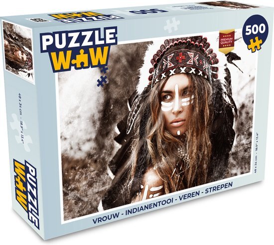 MuchoWow Puzzel Vrouw - Indianentooi - Veren - Strepen - Legpuzzel - Puzzel 500 stukjes - Sinterklaas cadeautjes - Sinterklaas voor grote kinderen