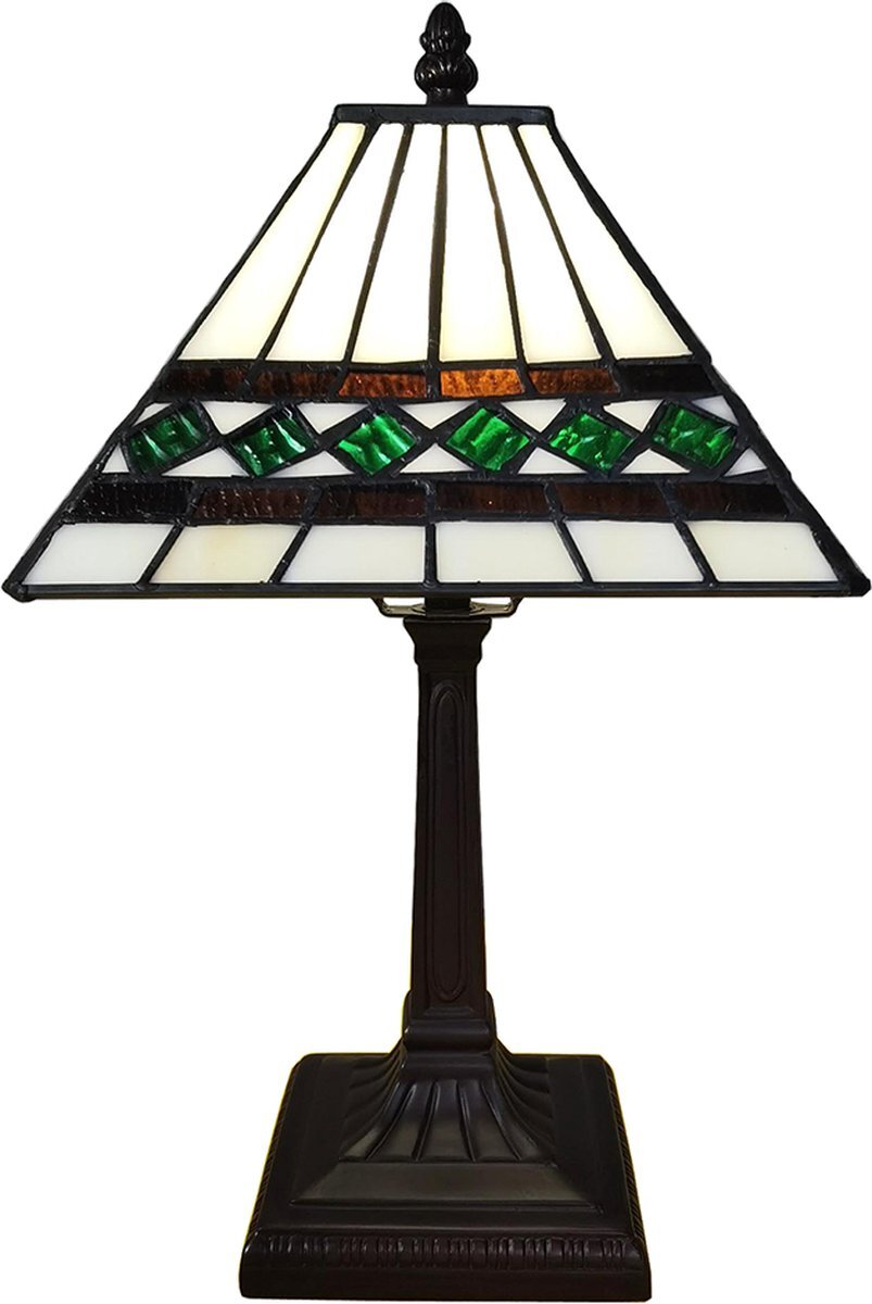 HAES deco - Tiffany Tafellamp 20x20x34 cm Beige Kunststof Glas Tiffany Bureaulamp Tiffany Lampen Glas in Lood