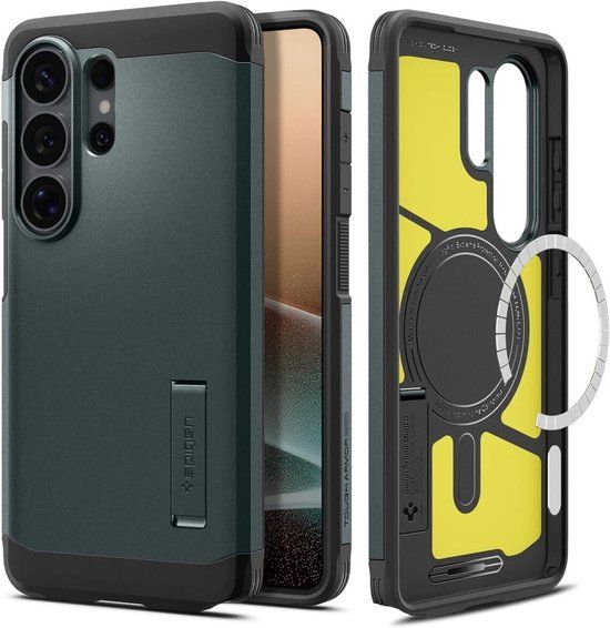 Spigen Tough Armor Hoesje Geschikt voor Samsung Galaxy S26 Ultra | Compatibel met MagSafe / Qi2 | Back Cover Militaire Standaard | Kickstand | Groen