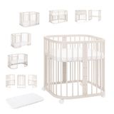 Waldin Lit de bébé 7-en-1 en bois avec matelas, roues et étagère, cachemire