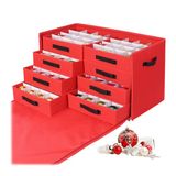 Relaxdays kerstballen opbergdoos met lades, voor 128 ballen, polyester/karton, rood