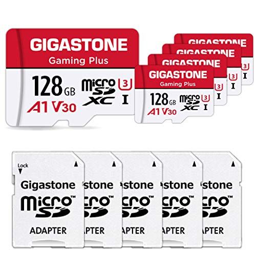 GIGASTONE 128GB 5-pack micro SD geheugenkaart, Gaming Plus, SDXC UHS-I A1 U3 V30, 100/50 MB/s lees- en schrijfsnelheid, 4K video opname, geschikt voor Nintendo Switch, Compactcamera’s, GoPro action cam, micro sd card