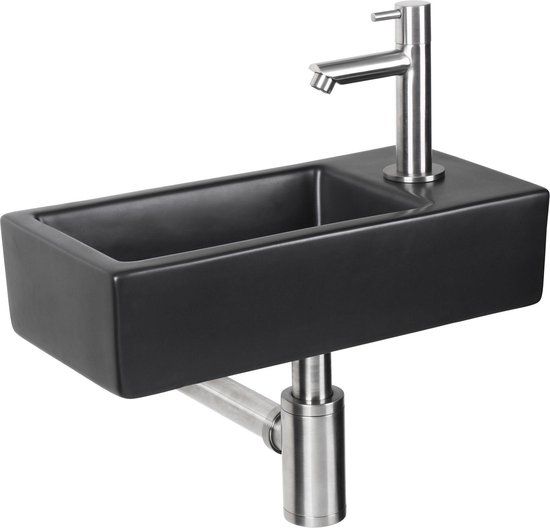Differnz Hator Fonteinset - Mat Zwart - Keramiek - Rechte Kraan - 37.5 x 18.5 x 9 cm