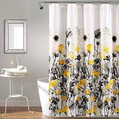 Lush Decor Zuri Flora Douchegordijn - Aquarel Bloemenprint - 72x72 inch - Geel/Grijs