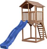 AXI Beach Tower Speeltoestel in Bruin - Speeltoren met Zandbak en Blauwe Glijbaan - FSC hout - Speelhuis op palen voor de tuin