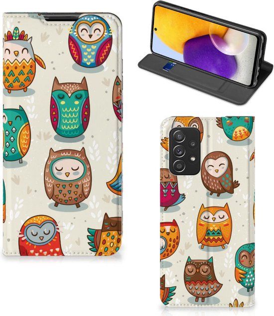 B2Ctelecom Telefoonhoesje Samsung Galaxy A72 (5G/4G) - Bookcover - Uil - Multi Vrolijke Uilen