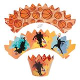 dekora - Basketbal cupcake-decoratieset: papieren toppers + 6 hulzen type muffinvormpjes van karton, dubbelzijdig omkeerbaar, herbruikbaar, niet eetbaar, cupcakes/muffins decoratie (zonder bakken)