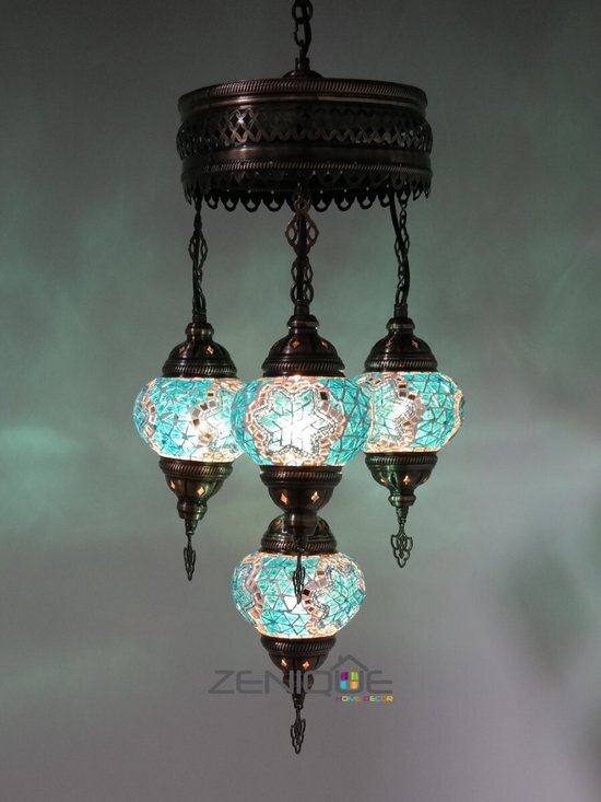 Turkse Lamp - Hanglamp - Mozaïek Lamp - Marokkaanse Lamp - Oosters Lamp - ZENIQUE - Authentiek - Handgemaakt - Kroonluchter - Turquoise - 4 bollen