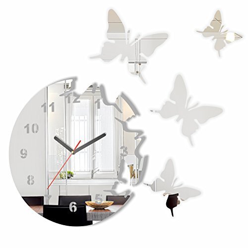 FLEXISTYLE Grote moderne wandklok vlinder spiegel rond 30 cm, 3D DIY, woonkamer, slaapkamer, kinderkamer