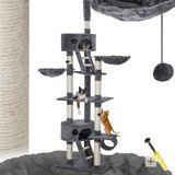 tectake® Kattenkrabpaal XXL – Plafondhoog 243-260cm – Verstelbare Krabpaal met Trap, Huisjes, Buis, Ligmandjes en Sisalzuilen – Grijs