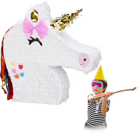 Relaxdays Piñata Eenhoorn - Zelf Vullen - Verjaardag - Kinderfeestje - Wit/Goud/Roze