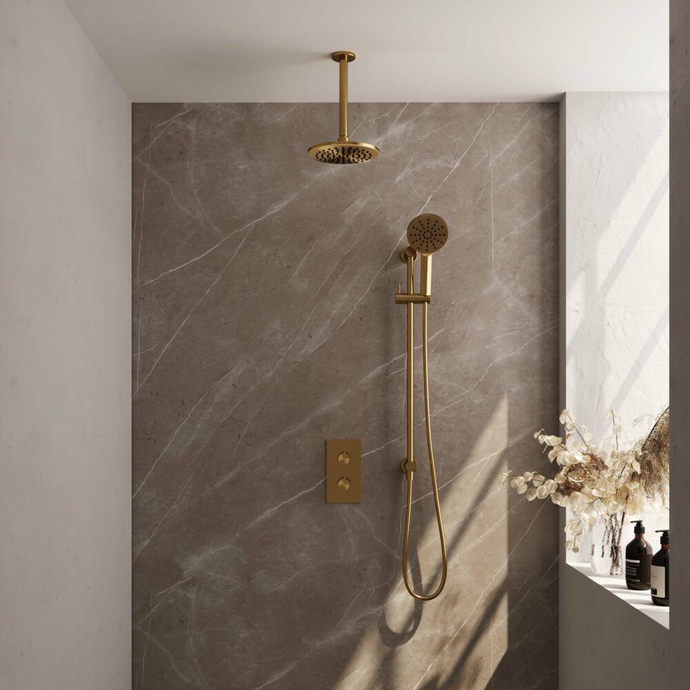 Brauer Gold Carving thermostatische inbouw regendoucheset met 2-weg omstel 20cm plafondarm met 20cm ronde hoofddouche 3 standen ronde handdouche 150cm gladde doucheslang met glijstang en handdouchehouder Goud geborsteld PVD 5-GG-143