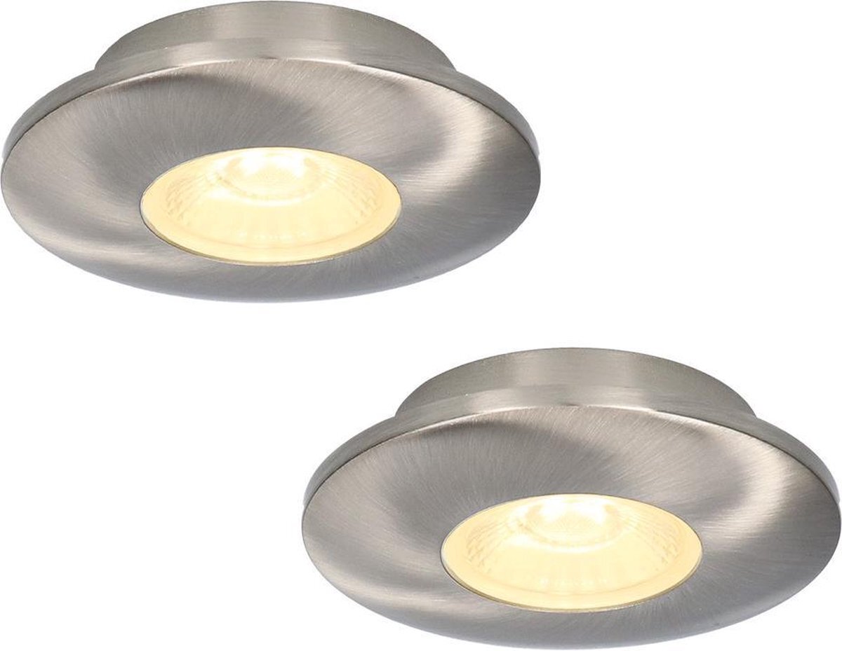 HOFTRONIC 2x Pavo - Platte inbouwspot - LED - Rond zaagmaat 53mm - RVS - Dimbaar - Zeer lage inbouwdiepte 12mm - 3 Watt - 260 lumen - 230V - 2700K Extra warm wit - Plafondspots - Dunne inbouwspot voor badkamer en buiten -