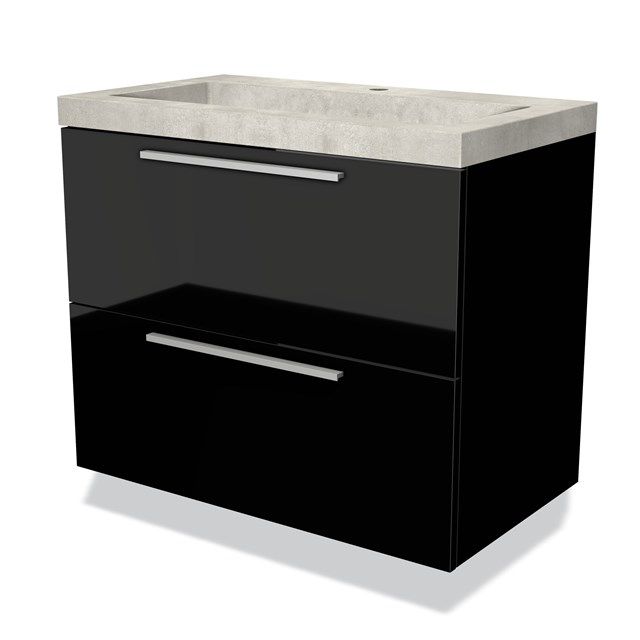 Maxaro Badkamermeubel 80cm Modulo Hoogglans Zwart 2 Lades Vlak Wastafel Beton Greige