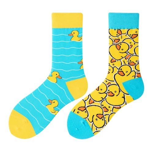 Nxnchc Grappige Sokken Unisex Veel Motieven Eend Dieren Eten Fruit Sport Kunst Katoen Cadeau Asymmetrische Patronen Links En Rechts