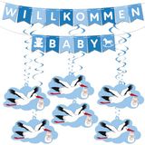 BRUBAKER Willkommen Baby Slinger voor Jongens en Meisjes - Wimpelketting met Ooievaarshangers en Decoratieve Wervelende Spiralen - Welkomstdecoratieset voor Thuis, Babyfeest en Babykamer - Lichtblauw
