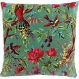 Riva Paoletti Paradise Vierkante Kussenhoes Aqua Blauw Kleurrijke Vogelprint Fluwelen Stof Machine Wasbaar 100% Katoen 50 x 50 cm