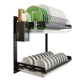 junyuan Keuken afdruiprek, hangend zilverwerk droogrek organizer opbergplank boven de gootsteen, 2 niveaus wandmontage komhouder met afvoerbak, roestvrijstalen zwarte coating (2 niveaus, 16)