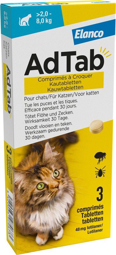AdTab Anti Vlo en Teek Kauwtabletten Kat >2,0-8,0 kg - 3 tabletten