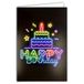 69-8120 Fluo-kaart, tekst Neon Happy Birthday met envelop 12 x 17,5 cm, verjaardagstaart, kaars, sterren, binnen, wit, om te schrijven, echte fluo-inkt, gemaakt en geproduceerd in Frankrijk