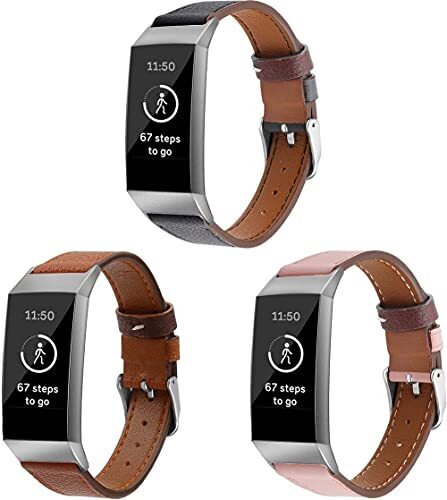 Chainfo Bands compatibel met Fitbit Charge 4 / Charge 4 SE/Charge 3 SE/Charge 3 Watch Strap, Top Genuine Leather Smart Watch Band (3-Pack I)