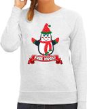 Bellatio Decorations Foute Kersttrui/sweater dames - free hugs - grijs - pinguin XS