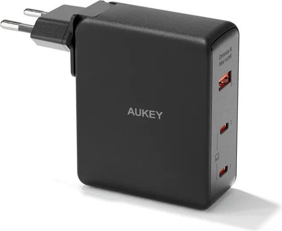 Aukey Omnia II Mix - Reisstekker met EU, US en UK stekkers - GaN-Oplader - 140W - Zwart