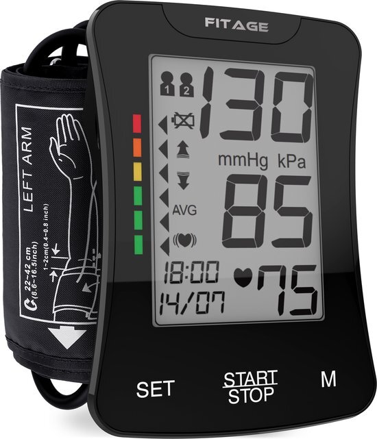 FITAGE bloeddrukmeter bovenarm - bloeddrukmeters - hartslagmeter - blood pressure monitor - opbergtas - omtrek manchet 22-42 cm