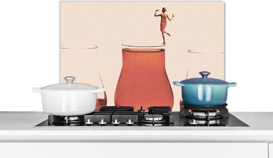 KitchenYeah Spatscherm keuken - Vrouw - Wijn - Vintage - Wijnglas - 70x50 cm - Aluminium