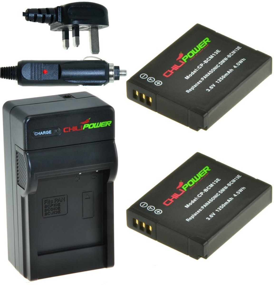 ChiliPower 2 x DMW-BCM13 accu's voor Panasonic - Charger Kit + car-charger - UK version