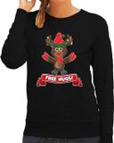 Bellatio Decorations Foute Kersttrui/sweater dames - free hugs - zwart - rendier M