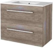 Basic Line Start 46 Badkamermeubelset - 80 x 46 cm - Met Grepen - 2 Lades - Keramische Wastafel - 1 Kraangat - Scotch Oak