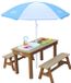 AXI Dennis Table de pique-nique sable et eau avec cuisine de jeu, évier et bancs séparés en Marron - Avec parasol en Bleu/Blanc - Incl. set d'accessoires 17 pièces