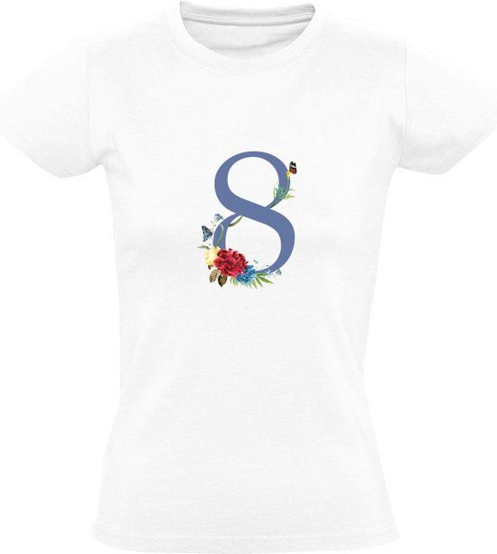 Getal 8 met rozen Dames T-shirt - Wit - Katoen - Maat S