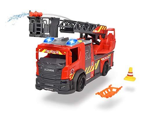 Dickie Toys 203716017 Scania draailadder brandweer, waterspuitfunctie, rozenbouwer, licht & geluid, incl. batterijen, met uittrekbare draailadder & poten, 25 cm, rood