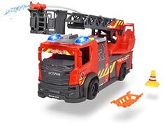 Dickie Toys 203716017 Scania draailadder brandweer, waterspuitfunctie, rozenbouwer, licht & geluid, incl. batterijen, met uittrekbare draailadder & poten, 25 cm, rood