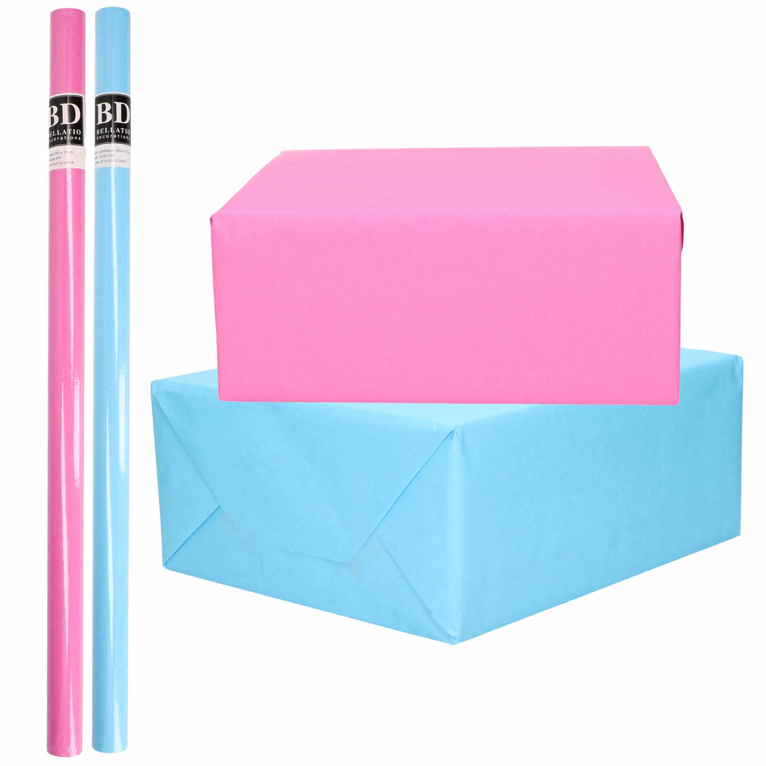 Bellatio Decorations 4x Rollen kraft inpakpapier pakket roze en blauw babyshower/geboorte/gender reveal 200 x 70 cm/cadeaupapier/verzendpapier