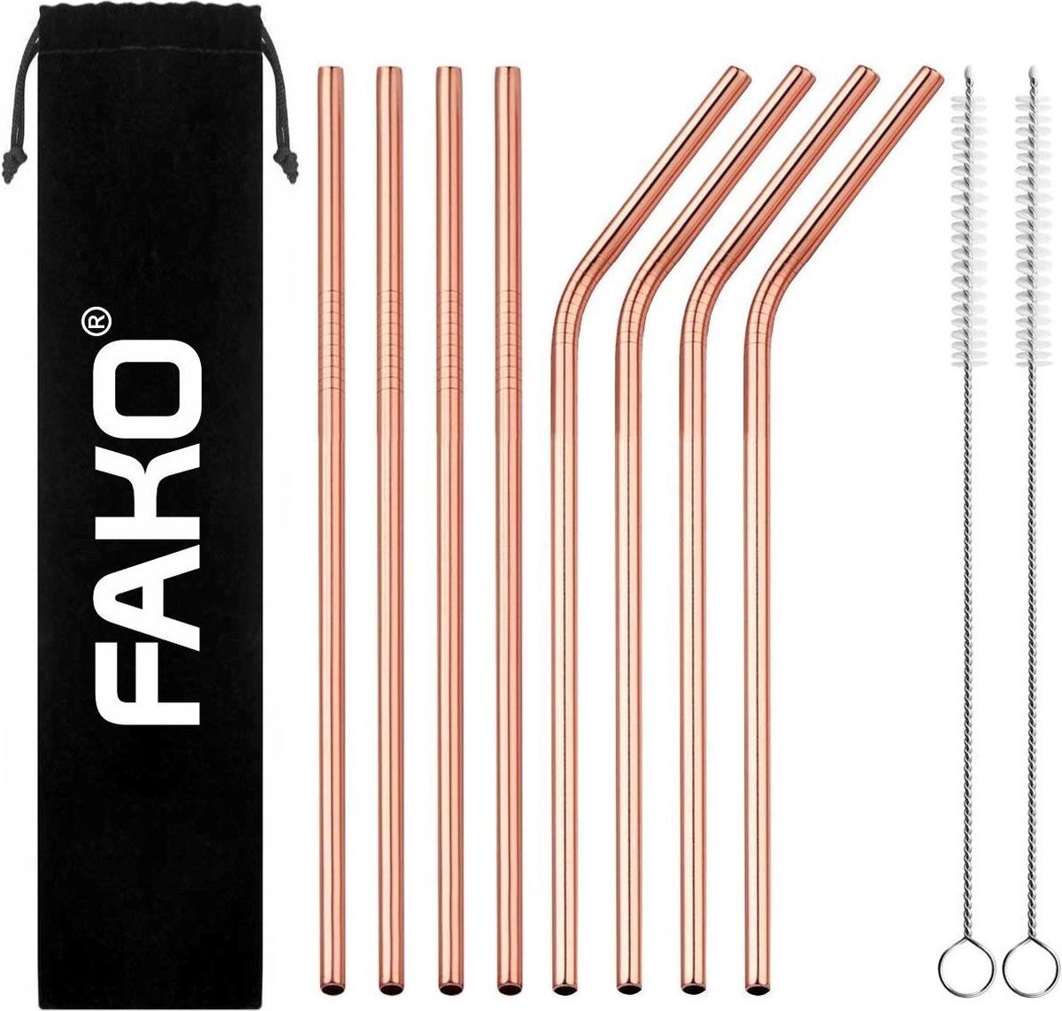 Fako Bijoux Fako Bijoux® - RVS Rietjes - 8 Stuks - Recht & Gebogen - 21 cm - 2 Schoonmaakborsteltjes - Rosé Goudkleurig