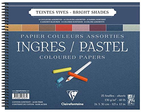 Clairefontaine 96587C tekenblok Ingrediënten (met spiraalbinding, 25 vellen, 130 g, gekorreld, 24 x 30 cm, met scheidingsbladen, ideaal voor droge techniek) 8 krachtige kleuren