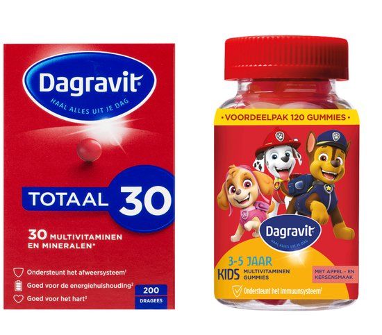 Dagravit Totaal 30 Multivitaminen voor volwassen - 200 dragees + Multivitamine kinderen Paw Patrol - 120 gummies - Familieverpakking
