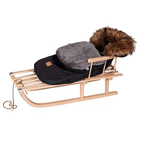 Goldkids Houten slee kinderslee van beukenhout rugleuning incl. trekkoord + wintervoetenzak slee zak voetenzak met ritssluiting 48/90 cm slee metalen glijders (zwart bruin)