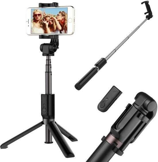 Ntech 3 in 1 Selfie Stick met Afstandsbediening en Foldable Tripod Stand Samsung Galaxy S10/S10+/S10e A50/A70/A40/A30/A7(2018) - Zwart