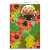 AFIE Kaart Vrolijk Kerstfeest Glanzende Tekst Reliëf Collage met Witte Envelop 12x17,5cm - Bloemen Poinsettia Plantaardig Groen Blad Illustratie Beste Wensen