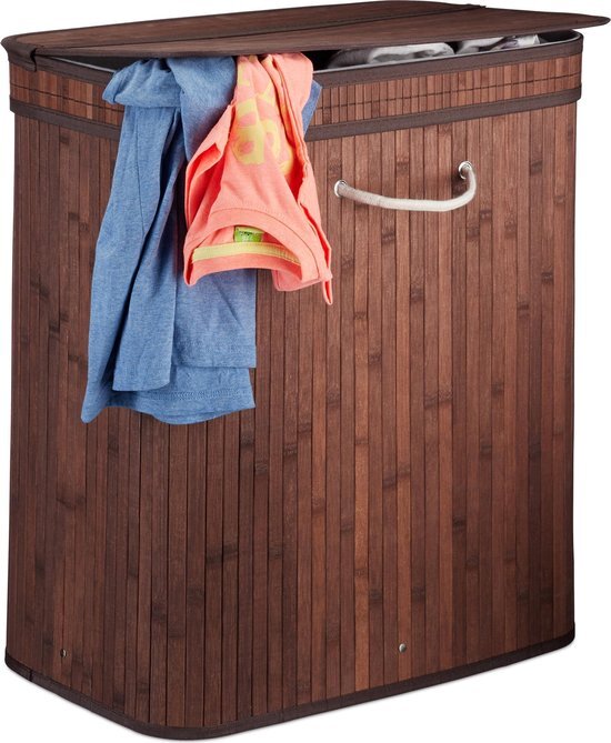 Relaxdays wasmand met deksel - 2 vakken - bamboe wasbox - 72 liter - mand voor wasgoed bruin