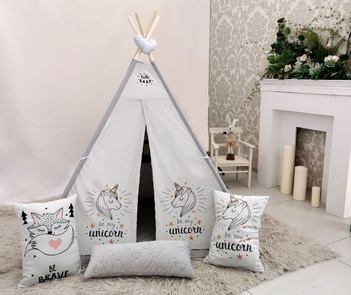 LoveGifts Luxe handgemaakte unicorn eenhoorn tipi tent speeltent - wigwam voor kinderen 110 x 110 x 160 cm inclusief 3 kussens en grond kleed - gemaakt van 100% katoen en pluche - premium kwaliteit en een uniek design