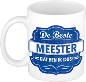 mok / beker wit met blauw embleem - 300 ml - keramiek - cadeaumok meester