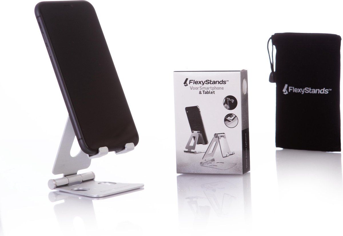 FlexyStands™ Telefoonstandaard (Zilver) - Statief Smartphone - Telefoonhouder Bureau - Telefoonstandaard Bureau - Smartphone Standaard - Telefoon Tripod - Telefoonstatief - Telefoon statief - GSM Statief - INCLUSIEF OPBERGTAS