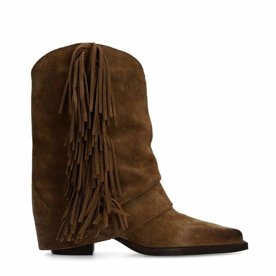 Sacha Dames Taupe Suède Cowboyboots met Franjes Maat 37
