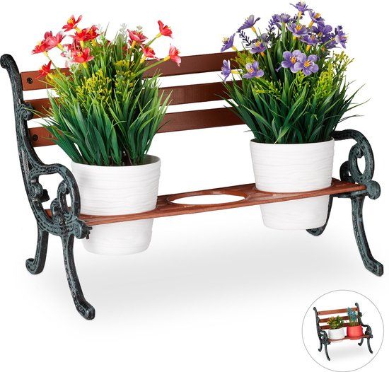 Relaxdays plantenrek - plantentafel - bloempothouder - gietijzer - hout - bruin/grijs - 40 x 22 x 24.5 cm