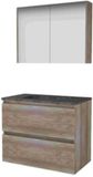 Basic Line Comfort 46 Badkamermeubelset - 80 x 46 cm - Greeploos - 2 Lades - Hardstenen Wastafel - 1 Kraangat - Spiegelkast - Scotch Oak